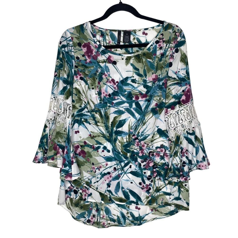 New Directions Floral Long Lace Bell Sleeve Semi-Sheer Blouse Small White Green